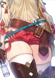 Rule 34 | 1girl, atelier (series), atelier ryza, atelier ryza 1, bad id, bad pixiv id, belt, belt buckle, blue belt, bottle, brown belt, brown gloves, brown shirt, buckle, commentary request, flask, gloves, head out of frame, heart, holding, holding bottle, honami (yths4221), long sleeves, puffy long sleeves, puffy sleeves, red shorts, reisalin stout, round-bottom flask, shirt, short shorts, shorts, simple background, skindentation, solo, thick thighs, thighhighs, thighs, vial, white background, white thighhighs