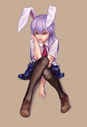 Rule 34 | 1girl, absurdres, animal ears, female focus, full body, geister, highres, necktie, pantyhose, purple hair, rabbit ears, red eyes, reisen udongein inaba, shoes, simple background, sitting, solo, touhou