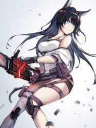 Rule 34 | 1girl, animal ears, arknights, belt, belt pouch, black gloves, black hair, black skirt, blaze (arknights), blue eyes, breasts, cat ears, cat tail, chainsaw, cowboy shot, debris, eyyy, gloves, highres, holster, jacket, knee pads, long hair, medium breasts, midriff, miniskirt, off shoulder, pouch, simple background, single thighhigh, skirt, smile, solo, straight hair, tail, tank top, thigh holster, thigh strap, thighhighs, thighs, white background, white jacket, white tank top, white thighhighs