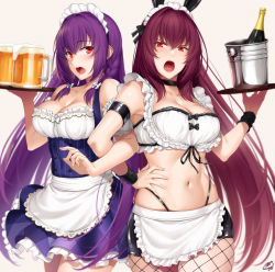 Rule 34 | 2girls, animal ears, apron, beer mug, blush, braid, breasts, champagne bottle, cleavage, cup, fate/grand order, fate (series), fishnet legwear, fishnets, frilled skirt, frills, hair ribbon, holding, holding tray, ice bucket, large breasts, locked arms, long hair, maid apron, maid headdress, miniskirt, mug, multiple girls, navel, okitakung, open mouth, purple hair, rabbit ears, red eyes, ribbon, scathach (fate), scathach skadi (fate), simple background, skirt, tray, twin braids, white background