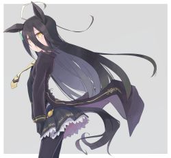 Rule 34 | 1girl, ahoge, animal ears, black gloves, black hair, black jacket, black pantyhose, black shirt, black skirt, brown necktie, closed mouth, commentary request, from side, gloves, grey background, hair between eyes, highres, horse ears, horse girl, horse tail, jacket, long sleeves, looking at viewer, looking to the side, manhattan cafe (umamusume), mochiki, necktie, pantyhose, pleated skirt, print necktie, shirt, simple background, skirt, solo, star (symbol), star print, tail, umamusume, yellow eyes