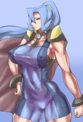 Rule 34 | 1girl, armpits, bare arms, blue background, blue eyes, blue hair, bodysuit, bracelet, breasts, cameltoe, cape, clair (pokemon), covered erect nipples, covered navel, creatures (company), earrings, epaulettes, female focus, game freak, gem, gloves, gradient background, gym leader, hand on own hip, high ponytail, jewelry, large breasts, lips, long hair, matching hair/eyes, muscular, navel, nintendo, pearl (gemstone), pokemon, pokemon hgss, ponytail, sideboob, simple background, skin tight, solo, text focus, toned, two side up, uya (yurukah), whip, white background