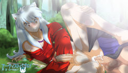 Rule 34 | 2boys, anal, animal ears, blush, bottomless, cum, cum in ass, cumdrip, ejaculating while penetrated, ejaculation, forest, inuyasha, inuyasha (character), long hair, male penetrated, miroku, multiple boys, nature, onoro nyo, outdoors, penis, sex, silver hair, testicles, yaoi