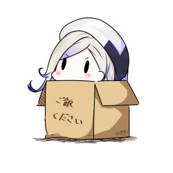 Rule 34 | 1girl, beret, blonde hair, blue hair, box, cardboard box, dated, gradient hair, hat, hatsuzuki 527, in box, in container, jean bart (kancolle), kantai collection, multicolored hair, pale skin, short hair, simple background, solid oval eyes, solo, translation request, twitter username, white background, white hat
