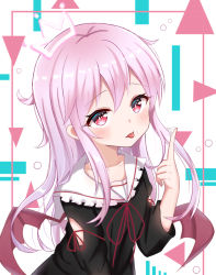 Rule 34 | 1girl, bat wings, black dress, blush, brown wings, commentary request, dress, fangs, food, food on face, food on hand, frilled sailor collar, frills, hair between eyes, hand up, long hair, looking at viewer, original, parted lips, pink hair, red eyes, sailor collar, sailor dress, satori (ymoy), sidelocks, solo, tongue, tongue out, very long hair, white sailor collar, wings