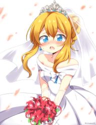 Rule 34 | 1girl, :o, @ @, alternate costume, azur lane, bare shoulders, blonde hair, blue eyes, blush, bouquet, bow, breasts, bridal veil, collarbone, dress, earrings, elbow gloves, eromame, eyebrows, flower, gloves, hair between eyes, hair bun, holding, holding bouquet, jewelry, leaf, off shoulder, open mouth, petals, renown (azur lane), short hair, short hair with long locks, sidelocks, simple background, single hair bun, small breasts, solo, spider lily, tareme, teeth, tongue, twitter username, v arms, veil, wavy eyes, wedding dress, white background, white bow, white dress