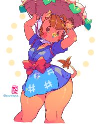 Rule 34 | 1girl, aged up, animal crossing, animal ears, apron, arms up, artist name, basket, blue kimono, blunt bangs, blush, blush stickers, bow, breasts, brown eyes, brown hair, cropped legs, daisy mae (animal crossing), earrings, female focus, furry, furry female, head scarf, highres, holding, japanese clothes, jewelry, kimono, leaf, looking to the side, nintendo, no mouth, object on head, pig ears, pig tail, rope, sash, shiny skin, short hair, short kimono, short sleeves, signature, single earring, small breasts, snot, snout, solo, standing, starmilk, tail, thick thighs, thighs, transparent background, turnip, twitter username, watermark, wide hips, yen sign