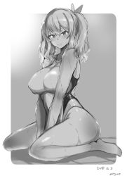 Rule 34 | 1girl, attyon, blush, breasts, competition swimsuit, covering crotch, covering privates, dated, greyscale, hair between eyes, highres, kantai collection, kashima (kancolle), large breasts, long hair, looking at viewer, monochrome, one-piece swimsuit, signature, sitting, smile, solo, swimsuit, twintails, wavy hair, wet