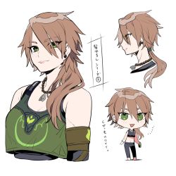 Rule 34 | 1girl, animification, bead necklace, beads, black pants, black sports bra, breasts, brown hair, chibi, chibi inset, cleavage, freckles, green eyes, green tank top, head tilt, highres, jewelry, long hair, looking at viewer, medium breasts, multiple views, navel, necklace, pants, shirasu uni, skye (valorant), sports bra, tank top, valorant