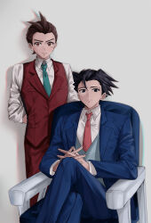 Rule 34 | 2boys, ace attorney, antenna hair, apollo justice, aqua necktie, armchair, arms behind back, black hair, blue eyes, blue jacket, blue pants, blue suit, breast pocket, brown eyes, brown hair, chair, closed mouth, collared shirt, feet out of frame, fingernails, formal, jacket, lapel pin, lapels, layered sleeves, long sleeves, looking at viewer, male focus, miso shouyu (elbmxlf777), multiple boys, necktie, pants, phoenix wright, pink necktie, pink vest, pocket, red pants, red suit, red vest, shirt, short hair, simple background, sitting, sleeves rolled up, spiked hair, standing, steepled fingers, suit, sweat, vest, white background, white shirt