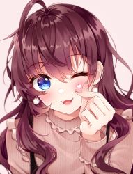Rule 34 | 1girl, :3, ;d, ahoge, blue eyes, blurry, blush, brown hair, brown sweater, commentary request, depth of field, earrings, eyelashes, finger heart, fingernails, frills, hair between eyes, hand up, heart, heart in eye, highres, ichinose shiki, idolmaster, idolmaster cinderella girls, jewelry, long hair, long sleeves, looking at viewer, nail polish, one eye closed, open mouth, pink background, pink nails, pom pom (clothes), pom pom earrings, ribbed sweater, sasakichi (ssk chi), simple background, smile, solo, sweater, symbol in eye, upper body, wink