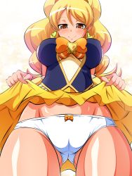 Rule 34 | 10s, 1girl, aokura shou, blonde hair, blush, bow, bow panties, breasts, brooch, brown eyes, clothes lift, cowboy shot, cure honey, earrings, from below, happinesscharge precure!, heart, heart brooch, highres, jewelry, long hair, looking at viewer, looking down, magical girl, oomori yuuko, orange bow, panties, precure, shiny skin, skirt, skirt lift, smile, solo, underwear, white background, white panties, yellow skirt