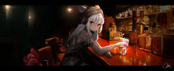 Rule 34 | 0shino, 1girl, absurdres, alcohol, animal ears, arknights, backlighting, bare shoulders, black headwear, blush, bottle, chair, cup, dark, drinking glass, ears through headwear, female focus, frostleaf (arknights), grey shirt, headphones, highres, implied extra ears, letterboxed, long hair, looking at viewer, looking to the side, nail polish, nose blush, red eyes, shirt, signature, silver hair, sleeveless, sleeveless shirt, solo, table, whiskey