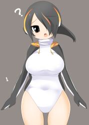 Rule 34 | 1girl, ?, black eyes, black hair, black jacket, breasts, commentary request, cowboy shot, emperor penguin (kemono friends), hair between eyes, hair over one eye, headphones, jacket, kemono friends, large breasts, lets0020, long bangs, looking at viewer, multicolored hair, numbered, one-piece swimsuit, open clothes, open jacket, open mouth, orange hair, short hair, solo, streaked hair, swimsuit, white one-piece swimsuit