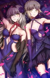 Rule 34 | 2girls, armpits, artoria pendragon (all), artoria pendragon (fate), bare shoulders, black gloves, blonde hair, bow, breasts, collarbone, dress, elbow gloves, eu03, fate/apocrypha, fate/grand order, fate (series), gloves, grey hair, jeanne d&#039;arc (fate), jeanne d&#039;arc (ruler) (fate), jeanne d&#039;arc alter (avenger) (fate), jeanne d&#039;arc alter (fate), long hair, lying, medium breasts, multiple girls, official alternate costume, on back, petals, purple dress, purple gloves, purple legwear, saber (fate), short hair, small breasts, strapless, strapless dress, thighhighs, yellow eyes