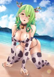 Rule 34 | 1girl, :o, absurdres, all fours, animal print, antlers, aqua nails, beach, bell, bikini, black choker, blue sky, branch, breasts, bridal gauntlets, ceres fauna, choker, cloud, cow print, cow print bikini, day, earrings, flower, full body, green hair, hair between eyes, hair flower, hair ornament, highres, hololive, hololive english, horns, jewelry, jingle bell, laba laba batu, large breasts, leaf, long hair, looking at viewer, mole, mole under eye, nail polish, neck bell, open mouth, outdoors, print bikini, print thighhighs, side-tie bikini bottom, sky, swimsuit, thighhighs, virtual youtuber, wavy hair, wet, white flower, yellow eyes