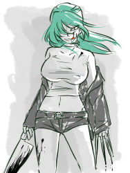 Rule 34 | 1girl, bare legs, belt buckle, blood, blood on face, blood on clothes, bloody knife, bloody weapon, breasts, buckle, cropped jacket, dual wielding, eyelashes, green hair, hair over one eye, highres, holding, knife, large breasts, licking lips, maroxxtanaka, midriff, navel, off shoulder, red eyes, short shorts, shorts, solo, tongue, tongue out, weapon, yurikawa saki, zombie, zombie-ya reiko