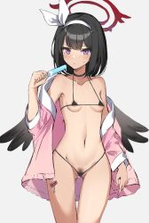 1girl areola_slip bikini black_bikini black_hair black_wings blue_archive breasts choker female_pubic_hair food grey_background hair_ribbon halo jacket keman mashiro_(blue_archive) mashiro_(swimsuit)_(blue_archive) medium_hair micro_bikini navel off-shoulder_jacket off_shoulder open_clothes open_jacket popsicle pubic_hair pubic_hair_peek purple_eyes ribbon small_breasts solo standing sweat swimsuit thigh_gap wide_hips wings