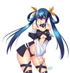 Rule 34 | 1girl, belt, black legwear, black panties, blue hair, blush, boots, breasts, choker, cleavage, collarbone, dated, detached sleeves, dizzy (guilty gear), gluteal fold, guilty gear, guilty gear x, guilty gear xx, hair between eyes, hair ribbon, hair rings, large breasts, long hair, long sleeves, midriff, miura hajime, open mouth, panties, puffy long sleeves, puffy sleeves, red eyes, ribbon, signature, simple background, solo, stomach, thick thighs, thigh gap, thigh strap, thighs, twintails, underboob, underwear, white background, wings, yellow ribbon