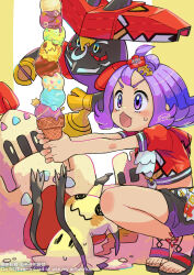 Rule 34 | 1girl, acerola (pokemon), acerola (sygna suit) (pokemon), adapted costume, commentary request, creatures (company), flipped hair, flower, food, game freak, gen 7 pokemon, hair flower, hair ornament, haraya, holding, ice cream, ice cream cone, legendary pokemon, medium hair, mimikyu, nintendo, official alternate costume, open mouth, palossand, pokemon, pokemon (creature), pokemon masters ex, purple eyes, purple hair, red flower, sandals, shirt, shorts, signature, squatting, sweatdrop, tapu bulu, toes, too many, too many scoops, topknot, watermark