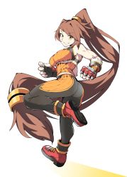 Rule 34 | 1girl, absurdres, ass, brown hair, dnf duel, dungeon and fighter, fighter (dungeon and fighter), fingerless gloves, full body, gloves, high ponytail, highres, long hair, looking back, nexas, ponytail, revision, solo, very long hair, yellow eyes