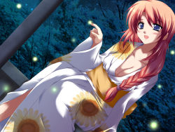 Rule 34 | 1girl, ariko youichi, blue eyes, breasts, bug, cleavage, fireflies, firefly, fortune cookie (visual novel), game cg, highres, insect, japanese clothes, kimono, night, open mouth, red hair, smart, solo, takaya kae