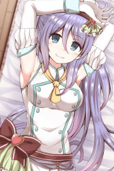 Rule 34 | 1girl, :3, armpits, arms up, bare shoulders, bed, blue eyes, blurry, blush, breasts, buttons, closed mouth, commentary request, depth of field, detached sleeves, double-breasted, gloves, hair between eyes, hair ornament, hat, heart, highres, light purple hair, long hair, long sleeves, looking at viewer, lying, masa masa, medium breasts, on back, on bed, princess connect!, red ribbon, ribbon, shirt, shizuru (princess connect!), shizuru (valentines) (princess connect!), smile, solo, split mouth, very long hair, white gloves, white hat, white shirt, yellow neckwear