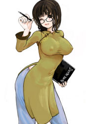 Rule 34 | 1girl, breasts, brown eyes, brown hair, china dress, chinese clothes, covered erect nipples, death note, death note (object), dress, glasses, kazaana, large breasts, nipples, no bra, original, pen, see-through, side slit, smile, solo, standing, vietnam, vietnamese dress