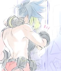 Rule 34 | 2boys, against wall, apri bot, arm around neck, blue hair, earrings, galo thymos, green hair, holding hands, hug, jewelry, kiss, lio fotia, multiple boys, piercing, promare, pushing, topless male, yaoi