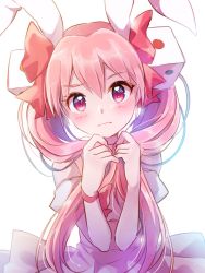 Rule 34 | 1girl, ahoge, animal ears, blush, bow, closed mouth, commentary request, di gi charat, dice hair ornament, dress, hair bow, hair ornament, hands up, heart, highres, long hair, low twintails, one-hour drawing challenge, pink dress, pink hair, rabbit ears, red bow, red eyes, shiramori sawa, solo, twintails, usada hikaru, very long hair