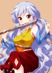 Rule 34 | 1girl, blue sleeves, brown background, detached sleeves, dress, hatchet, highres, holding, holding hatchet, holding weapon, leg up, licking, licking blade, licking weapon, long hair, looking at viewer, multicolored clothes, nata (tool), one-hour drawing challenge, open mouth, orange dress, red dress, red eyes, ruu (tksymkw), sakata nemuno, silver hair, simple background, single strap, solo, standing, torn clothes, torn sleeves, touhou, v-shaped eyebrows, very long hair, wavy hair, weapon, yellow dress