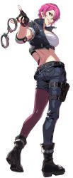 Rule 34 | 1girl, absurdres, ass, asymmetrical clothes, bandages, boots, breasts, bum hico, butt crack, cuffs, cyphers, denim, elbow pads, fingerless gloves, from behind, gloves, green eyes, grin, handcuffs, highres, jeans, large breasts, looking at viewer, looking back, pants, pantyhose, pantyhose under trousers, pink hair, rebecca rushton, shiny skin, short hair, sideboob, single leg pants, smile, solo