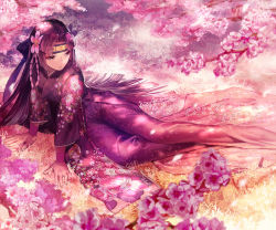 Rule 34 | 1girl, arm support, aruk, bow, cherry blossoms, circlet, floral print, flower, grass, hair bow, hair flower, hair ornament, japanese clothes, kimono, long hair, looking to the side, petals, solo, traditional clothes, tree