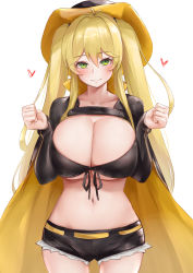 Rule 34 | 1girl, absurdres, alternate breast size, azur lane, bikini, bikini top only, black bikini, blonde hair, blush, breasts, cleavage, commentary request, cowboy hat, green eyes, hat, head tilt, heart, highres, hornet (azur lane), huge breasts, long hair, looking at viewer, navel, short shorts, shorts, simple background, smile, solo, srn ana, swimsuit, twintails, very long hair, white background