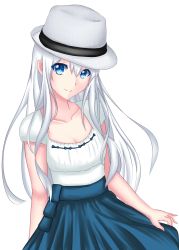 Rule 34 | absurdres, bare arms, blue bow, blue dress, blue eyes, bow, clothes lift, collarbone, commission, commissioner upload, dress, dress bow, dress lift, eyes visible through hair, fedora, hair between eyes, hat, highres, long hair, multicolored clothes, multicolored dress, original, rizcky ryu, sidelocks, simple background, smile, solo, white background, white dress, white hair, white hat, yasui fuyu