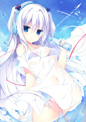 Rule 34 | 1girl, :o, bare shoulders, black bra, blue eyes, blue sky, blush, bottle, bra, bra visible through clothes, breasts, cloud, collarbone, commentary request, covered navel, day, dress, fingernails, gluteal fold, groin, hair between eyes, hair ornament, hand up, head tilt, headphones, highres, holding, holding bottle, long hair, looking at viewer, medium breasts, muku (apupop), no panties, off-shoulder dress, off shoulder, original, outdoors, parted lips, ramune, see-through, silver hair, sky, solo, two side up, underwear, very long hair, water, wet, wet clothes, wet dress, white dress