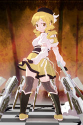 Rule 34 | 10s, 1girl, artist request, bad id, bad pixiv id, blonde hair, brown eyes, checkered floor, drill hair, field of blades, fingerless gloves, floor, from behind, gloves, gun, hair ornament, hat, long hair, magical girl, magical musket, mahou shoujo madoka magica, mahou shoujo madoka magica (anime), pride chicken, rifle, solo, standing, striped clothes, striped thighhighs, thighhighs, tomoe mami, tomoe mami (magical girl), twin drills, twintails, vertical-striped clothes, vertical-striped thighhighs, weapon, zettai ryouiki