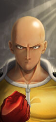 Rule 34 | 1boy, angry, artist name, artofide, bald, black eyes, cape, clenched hand, closed mouth, commentary, deviantart username, english commentary, gloves, highres, jumpsuit, looking at viewer, male focus, one-punch man, red gloves, saitama (one-punch man), solo, superhero costume, upper body, v-shaped eyebrows, white cape, yellow jumpsuit