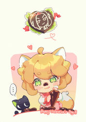 Rule 34 | ..., 1boy, 1girl, animal ears, apron, black cat, blush, cat, chocolate, fox ears, fox girl, fox tail, green eyes, heart, highres, long sleeves, luo xiaohei, luo xiaohei (cat), luo xiaohei zhanji, orange hair, pink apron, ruoshui (the legend of luoxiaohei), short hair, spoken ellipsis, suncle, tail, upper body, valentine, wuxian (the legend of luoxiaohei)