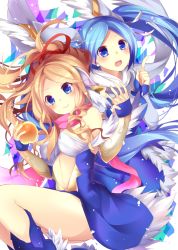 Rule 34 | 2girls, apple, armor, bad id, bad pixiv id, bare shoulders, blonde hair, blue eyes, blue footwear, blue gloves, blue hair, blush, boots, breasts, cleavage, feathered wings, feathers, fingerless gloves, food, fruit, fur trim, gauntlets, gloves, golden apple, hair ornament, halterneck, halterneck, holding hands, head wings, holding, holding food, holding fruit, homarerererere, idunn &amp; idunna, interlocked fingers, legs together, long hair, midriff, multiple girls, open mouth, pink scarf, pointing, ponytail, puzzle &amp; dragons, scarf, sleeveless, smile, twintails, white background, white wings, wings