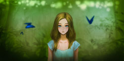 Rule 34 | 1girl, :o, absurdres, blonde hair, blue dress, blue eyes, blurry, blush, bug, butterfly, commentary, dappled sunlight, day, depth of field, dress, forest, highres, bug, jungon kim, leaf, looking at viewer, nature, outdoors, parted lips, plant, short sleeves, sleeping beauty, solo, sunlight