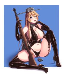 Rule 34 | 1girl, absurdres, adapted costume, ammunition, blonde hair, blue eyes, boots, breasts, bullet, cleavage, clip (weapon), en bloc clip, gun, hiememiko, high heel boots, high heels, highres, iowa (kancolle), kantai collection, large breasts, latex, lips, m1 garand, open mouth, rifle, star-shaped pupils, star (symbol), stiletto boots, stiletto heels, symbol-shaped pupils, weapon, zipper pull tab
