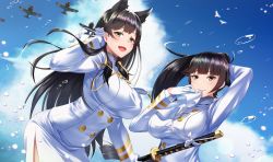 Rule 34 | 2girls, :d, animal ears, atago (azur lane), azur lane, black hair, black legwear, blue sky, blush, bow, breasts, brown eyes, closed mouth, cloud, day, extra ears, floating hair, gloves, hair bow, hair flaps, hair ribbon, highres, holding, holding own hair, holding sword, holding weapon, kagiyama (clave), katana, large breasts, leaning forward, long hair, looking at viewer, military, military uniform, miniskirt, mole, mole under eye, mouth hold, multiple girls, navel, open mouth, outdoors, pleated skirt, ponytail, ribbon, ribbon in mouth, sheath, sheathed, skirt, sky, smile, swept bangs, sword, takao (azur lane), tucking hair, uniform, very long hair, weapon, white bow, white ribbon, wind
