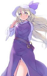 Rule 34 | 1girl, belt, blonde hair, blush, brown belt, buttons, collared shirt, dress, feet out of frame, hair between eyes, hat, long hair, long sleeves, loose belt, one-hour drawing challenge, parted lips, pinafore dress, purple dress, rangycrow, shirt, simple background, single strap, sleeveless, sleeveless dress, solo, touhou, watatsuki no toyohime, white background, white hat, white shirt, yellow eyes