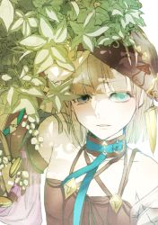 Rule 34 | 1boy, bare shoulders, brown gloves, brown headwear, crossdressing, elbow gloves, gloves, green eyes, green hair, gretel (sinoalice), highres, leaf, looking at viewer, mui-61, open mouth, shadow, short hair, sinoalice, solo, teeth, trap, v-shaped eyebrows, white background