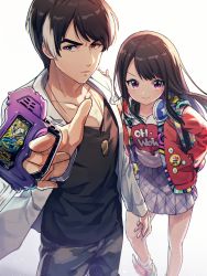 Rule 34 | 1boy, 1girl, black hair, brown eyes, camouflage, camouflage pants, closed mouth, commentary request, dog tags, hanaya taiga, hand on another&#039;s shoulder, headphones, headphones around neck, jacket, jewelry, kamen rider, kamen rider ex-aid (series), lab coat, long hair, looking at viewer, multicolored hair, necklace, pants, pleated skirt, pointing, pointing at viewer, purple eyes, red jacket, shinonoko (tubamecider), short hair, simple background, skirt, smile, standing, streaked hair, two-tone hair, white background, white hair