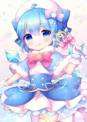 Rule 34 | 1girl, ahoge, blue bow, blue capelet, blue dress, blue eyes, blue hair, blush, bow, capelet, cirno, closed mouth, coa (chroo x), dress, fairy, gloves, hair between eyes, hair bow, holding, holding wand, ice, ice wings, looking at viewer, pantyhose, red footwear, shoes, short hair, smile, solo, star (symbol), tongue, tongue out, touhou, wand, white dress, white gloves, white pantyhose, wings