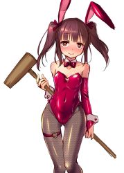 Rule 34 | 10s, 1girl, animal ears, artist request, bare shoulders, blush, bow, bowtie, bridal gauntlets, brown hair, rabbit ears, cowboy shot, detached collar, detached sleeves, fake animal ears, fishnet pantyhose, fishnets, heart, heart-shaped pupils, highres, idolmaster, idolmaster cinderella girls, kine, leotard, mallet, ogata chieri, pantyhose, playboy bunny, red leotard, satou kuuki, simple background, smile, solo, symbol-shaped pupils, thigh gap, thigh strap, twintails, wrist cuffs