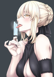 Rule 34 | 1girl, artoria pendragon (alter swimsuit rider) (fate), artoria pendragon (alter swimsuit rider) (first ascension) (fate), artoria pendragon (fate), bare shoulders, black one-piece swimsuit, blonde hair, blush, breasts, cleavage, collarbone, fate/grand order, fate (series), food, heavy breathing, highres, kinntarou, licking, long hair, one-piece swimsuit, popsicle, saliva, solo, swimsuit, teeth, tongue, tongue out, upper body, yellow eyes