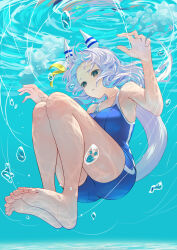 Rule 34 | alternate costume, animal ears, armpits, arms up, asphyxiation, barefoot, breasts, bubble, closed mouth, collarbone, competition swimsuit, drowning, empty eyes, feet, forehead, full body, grey hair, highres, hishi miracle (umamusume), horse ears, horse girl, horse tail, medium breasts, nabe puyo, one-piece swimsuit, school swimsuit, soles, swimsuit, tail, toes, umamusume, underwater, water